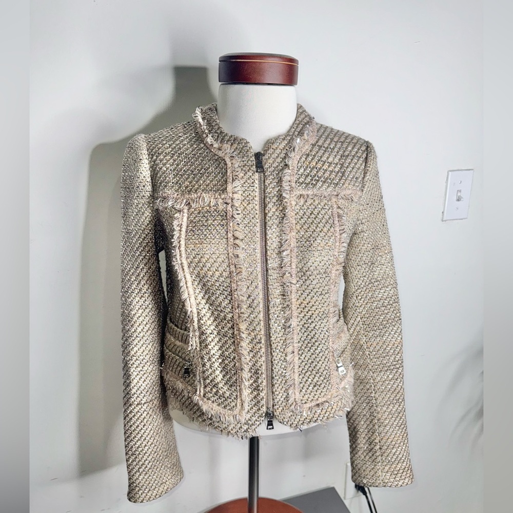 Jonathan Simkhai Beige Tweed Zip-Front Blazer Jacket